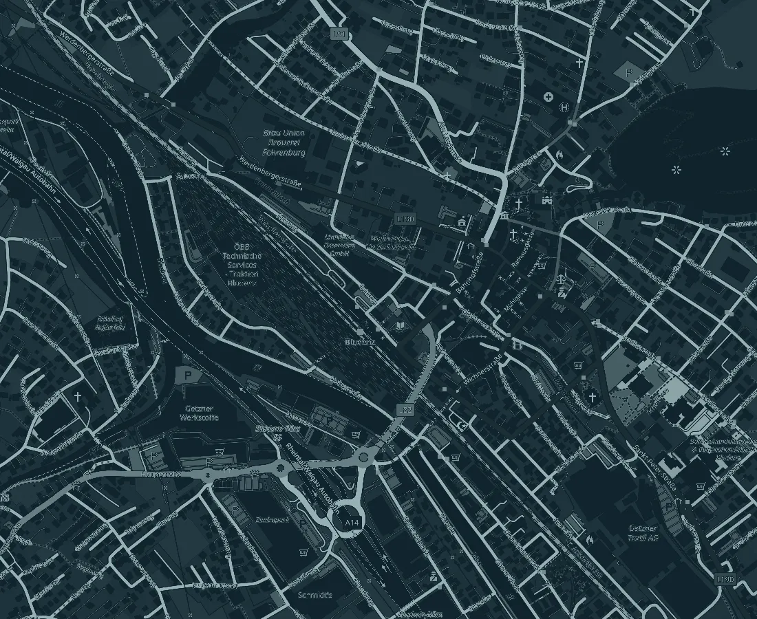 Stadtplan von Bludenz rund um den Bahnhof, die Praxis ist markiert
